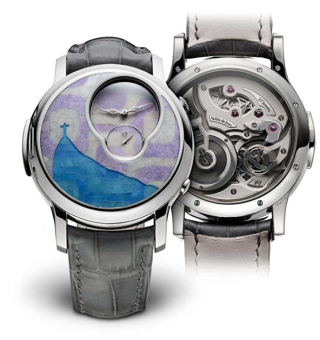Kakau Höfke Ref. MON000168 352-tile lavender and jade micro-marquetry on cover and dial Hours, minutes, small seconds, power reserve indicator 43mm case in 18k white gold In-house constant-force movement Manual winding via caseband pusher 46-hour power reserve