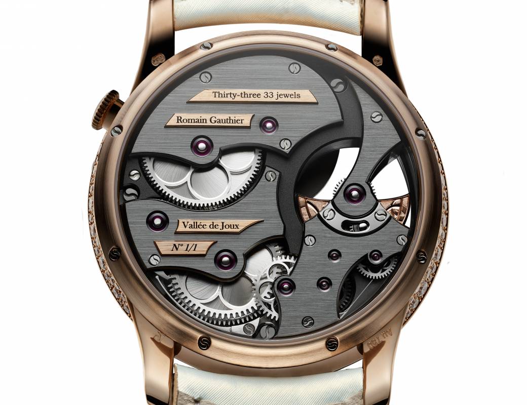Romain Gauthier Insight Micro-Rotor unique piece snow-set red gold case with mother-of-pearl dial 4